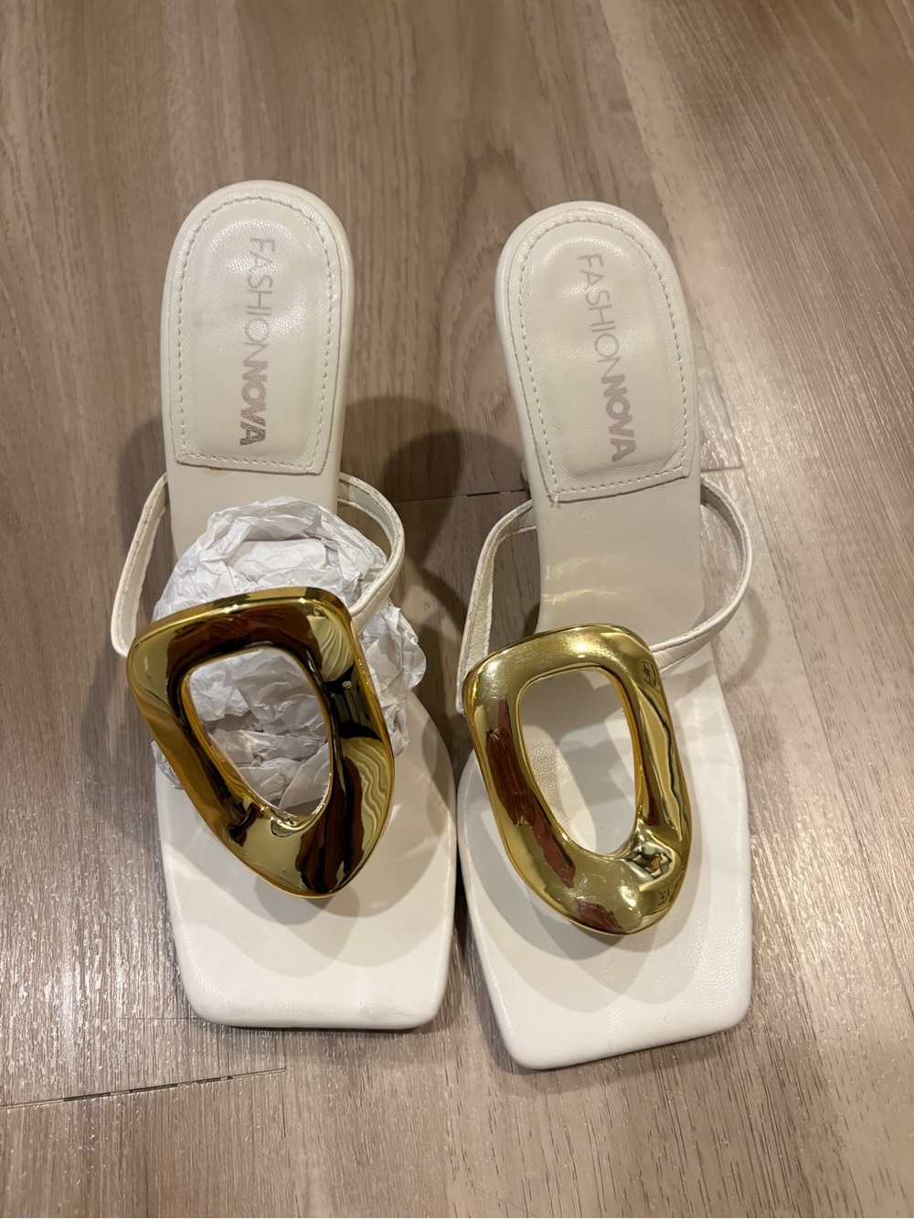 Fashion Nova White Heeled Sandals with Gold Ornament